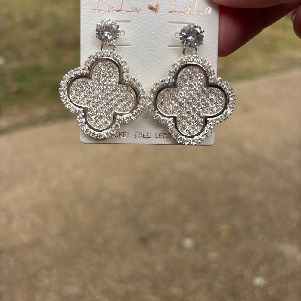 Silver Crystal Clover Earrings